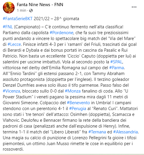 fanta9news's tweet photo. I risultati della 28^ giornata del #fantacalcio di #Fantanine: #FNL (Campionato), #FNA, #FNGp e #FNBR.
... e dopo la sosta c’è l’ultimo #mercatodiriparazione dell’anno... 👀
#FantaSerieBKT https://t.co/3JUICdkupT