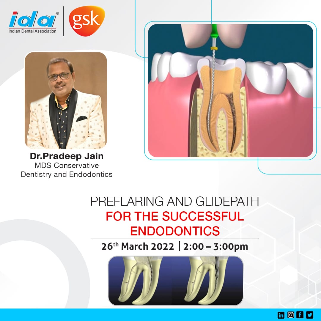 ida_head_office's tweet photo. Indian Dental Association presents a "Master Session on Endodontics"
 
Free Registration

 Topic: 1) Preflaring and Glidepath for sucessful endodontics
  2) Disinfecting and obturating root canal systems

Speakers :
 Dr. Ajit Shaligram
  Dr. Pradeep Jain
Date: 26 March, 2022 https://t.co/mUD3NYC6lp