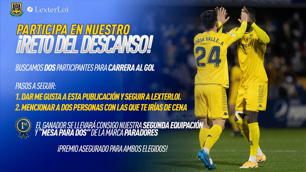 AD_Alcorcon's tweet photo. #Concurso | ¿Quieres participar en #CarreraAlGol de LexterLoi?

1. Dar ❤️ a este post y seguir a LexterLoi en IG (https://t.co/KccVr9jEmt)
2. Mencionar a 2 personas con las que te irías de cena

Doble premio para el ganador: 2ª equipación y "Mesa para dos" de la marca @paradores https://t.co/A5ZwlMvwUV