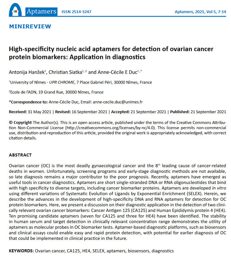 AntonijaHanzek's tweet photo. Happy to share our recent publication in #JAptamers about "High-specificity nucleic acid aptamers for detection of ovarian cancer protein biomarkers: Application in diagnostics". 🧬

Read full text here: https://t.co/okBp8Fxrg3
 
@AptamerSociety
 @JAptamers https://t.co/V3EVaDVAKI