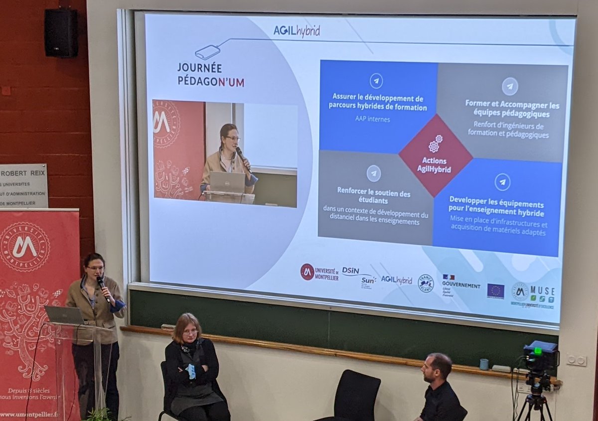 PedagoNUM's tweet photo. @PedagoNUM 2022 | Isabelle Fourcaud @ISF34 chef de projet #AgilHybrid présente les 1ers bilans : près de 170 unités d'enseignement hybridées à 41% en moyenne✨700 000 euros alloués pour équiper les salles et les amphis✨2 outils pour accompagner les étudiants : #Handy et #Connect https://t.co/x1HmXamdrH