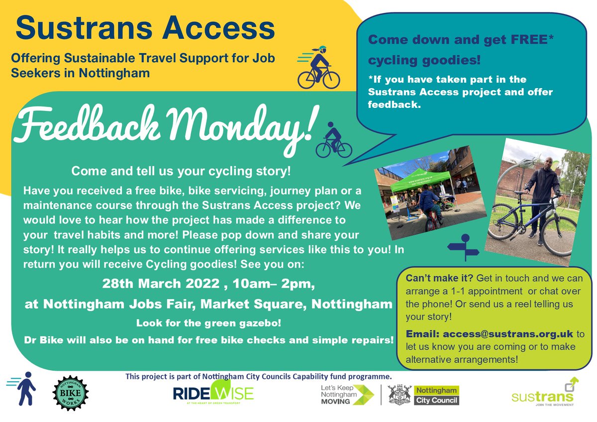 SustransEMids's tweet photo. Notts Jobseekers-have you received support from the #sustransaccess project? We would love to hear about it! Come find us at the Market Square job fair on 28th March for a chat, cycling freebies & Dr Bike! @Transport_Nottm @nottmjobs @JCPInNotts @nottsbikeworks @RideWiseUK https://t.co/ELbUGgykaf