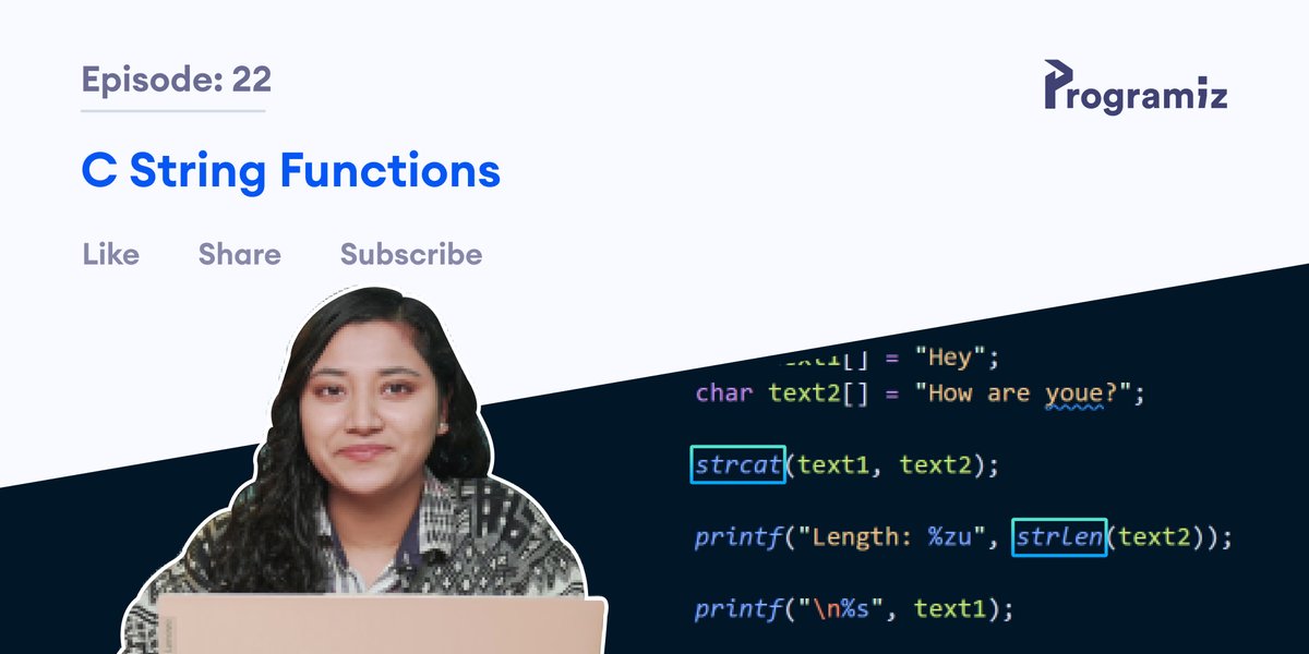 programiz's tweet image. C supports a large number of string handling functions in the standard library " string.h". In our last video, we learned to manipulate various C string functions that are readily available for use
🔗: youtu.be/XdnmsKUvGsc
#cstringfunctions #stringfunctions #programiz #icymi
