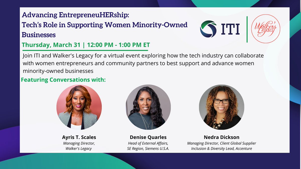 Join <a href="/ITI_TechTweets/">ITI</a> <a href="/NatashaRaeSIG/">Natasha Rae Bethea</a>, <a href="/walkerslegacy/">Walker's Legacy</a>’s <a href="/AyrisScales/">AyrisT.Scales</a>, <a href="/SiemensUSA/">Siemens USA</a>’s <a href="/denisequarles/">Denise Quarles</a> and <a href="/Accenture_US/">Accenture US</a> ‘s <a href="/NLD09/">Nedra Dickson</a> on March 31 at 12 PM ET for a discussion on how the tech industry can collaborate and best support women minority entrepreneurs: bit.ly/3iukm2Y