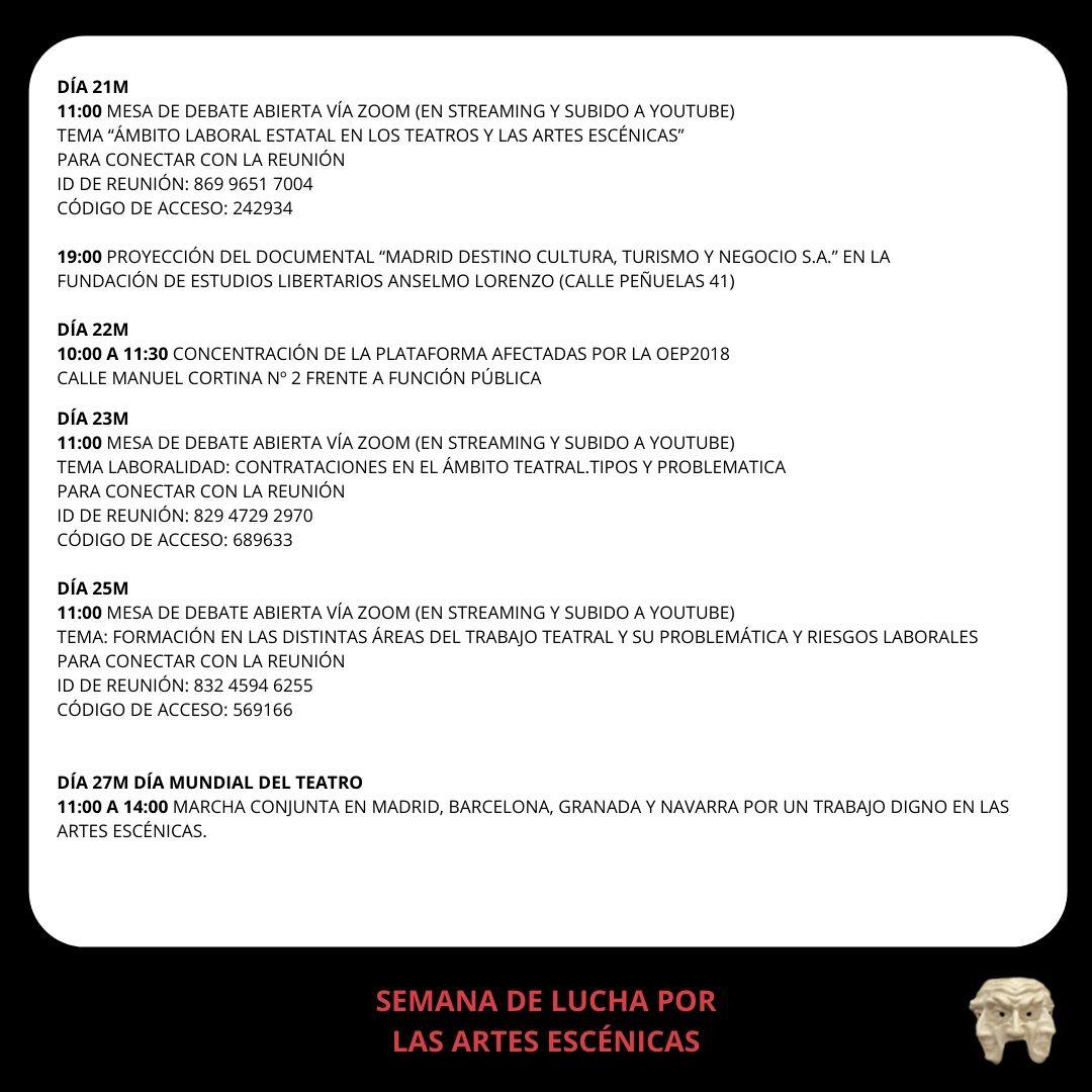 📢 Programa de la setmana de lluita per les Arts Escèniques 🎭
💻 Per participar en les jornades, introdueix l'ID de la reunió i el codi d'accés en tu zoom.
📺 Per veure els debats per twitch 👉 bit.ly/36CRF1c 
📍DIUMENGE 27 de MARÇ a les 11:30 a la PL MARGARIDA XIRGU