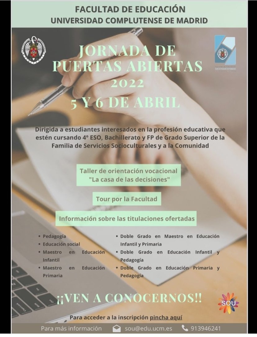 acumular entrada Desgastar SOU Educación on Twitter: "Tres años después, ¡¡volvemos a la presencialidad!! JORNADA DE PUERTAS ABIERTAS 2022 en @ucm_educacion . 🗓 5 y 6 de abril 📍Facultad de Educación - UCM ¡Ven a acumular entrada Desgastar SOU Educación on Twitter: "Tres años después, ¡¡volvemos a la presencialidad!! JORNADA DE PUERTAS ABIERTAS 2022 en @ucm_educacion . 🗓 5 y 6 de abril 📍Facultad de Educación - UCM ¡Ven a