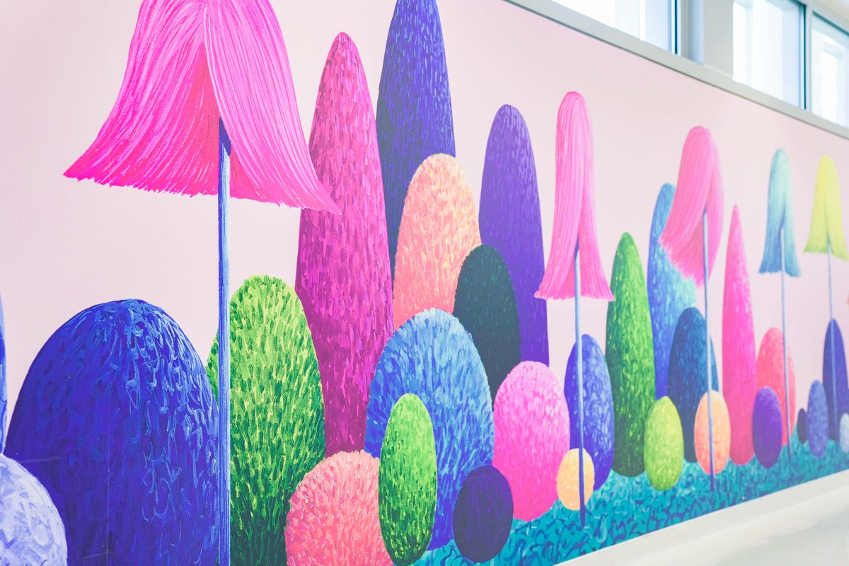 RxArtInc's tweet photo. We are proud to share photos of Nicolas Party's 207-foot-long mural @ChildrensLA "The colorful forest I painted for this long corridor will hopefully do a little to make the experience a bit more tolerable." -#NicolasParty Images courtesy of CHLA. #RxARTProjects #RxARTArtist https://t.co/bVbN8E8XPn