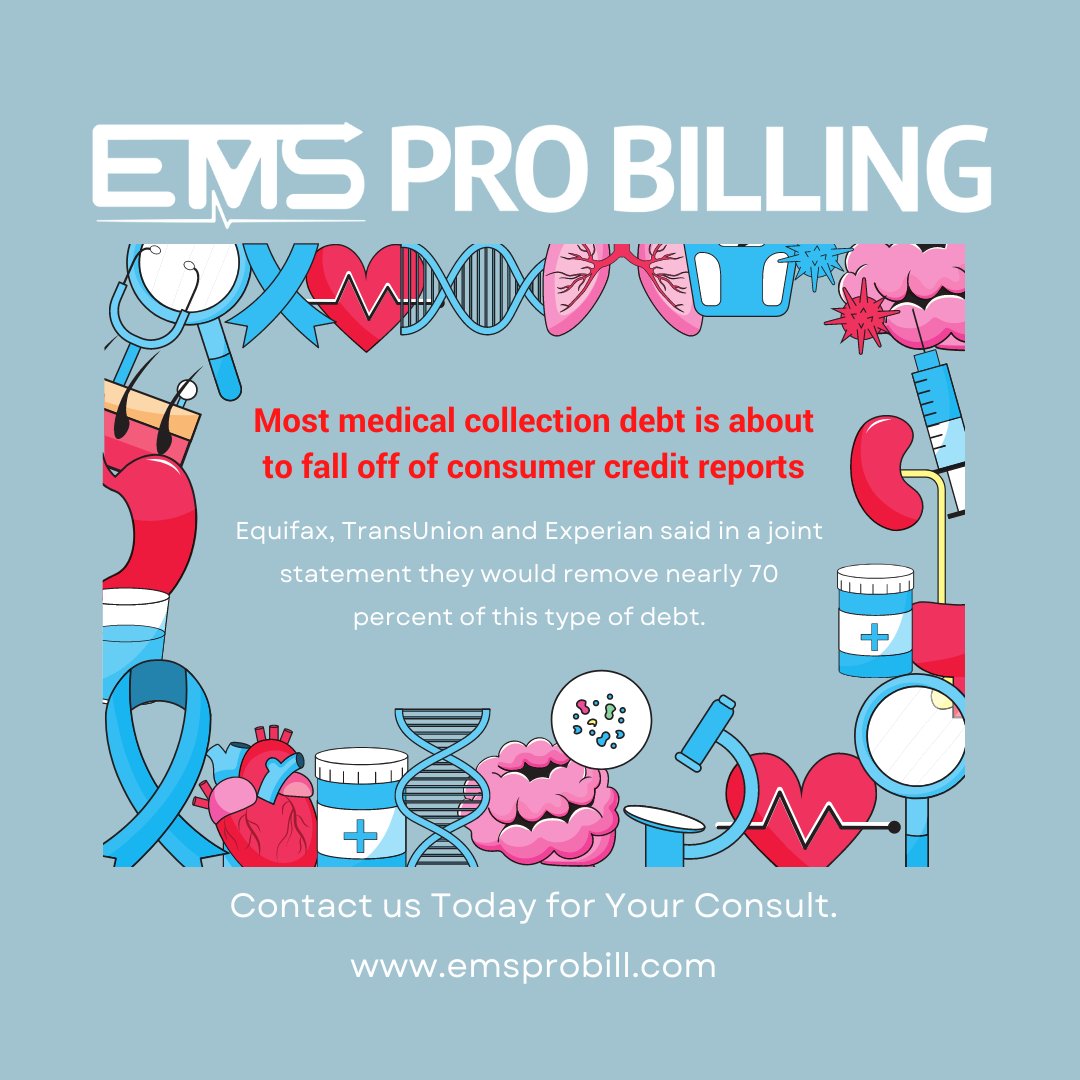 EMSProbilling's tweet photo. Most medical collection debt is about to fall off of consumer credit reports:
https://t.co/loOK2FYwuf
 #support #network #AR #emsprobilling #collections #medicaldebt #creditreporting #RCM #businesscommunity #compliance #safety #health https://t.co/YTPAHXAkSj