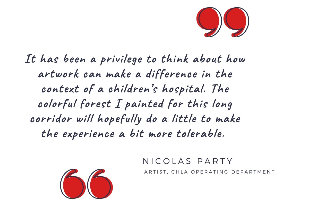RxArtInc's tweet photo. We are proud to share photos of Nicolas Party's 207-foot-long mural @ChildrensLA "The colorful forest I painted for this long corridor will hopefully do a little to make the experience a bit more tolerable." -#NicolasParty Images courtesy of CHLA. #RxARTProjects #RxARTArtist https://t.co/bVbN8E8XPn