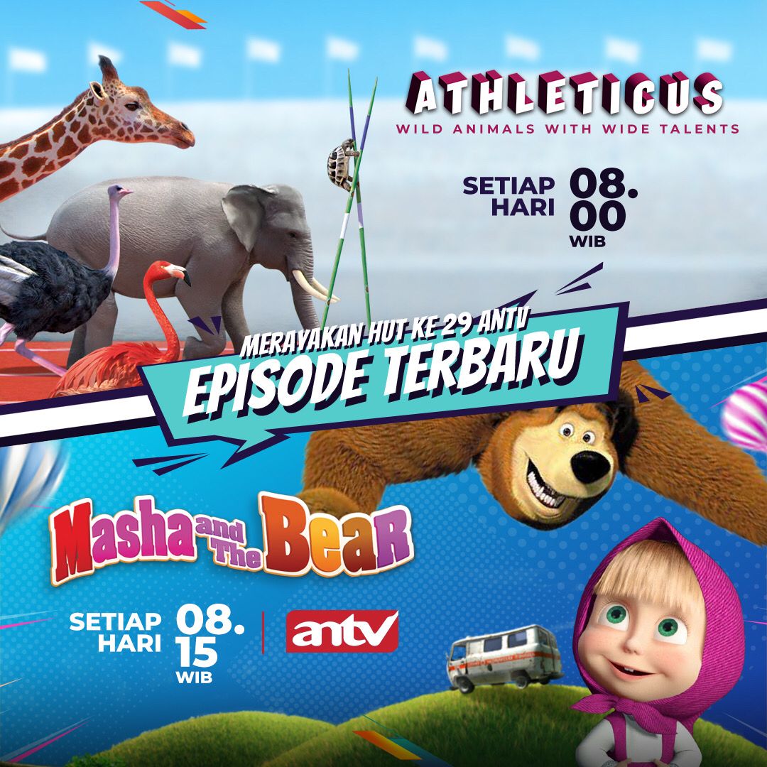 ANTVOfficial_'s tweet photo. Rayakan HUT ke 29 ANTV bersama episode terbaru animasi kesayangan kamu yang dijamin makin seru! 

Jangan ketinggalan ya nonton ATHLETICUS jam 08.00 WIB dan MARSHA &amp; THE BEAR setiap hari jam 08.15 WIB hanya di ANTV! 

#Athleticus #MarshaandTheBear #HUT29ANTV #ANTVLebihBerwarna https://t.co/TqCESJwhic