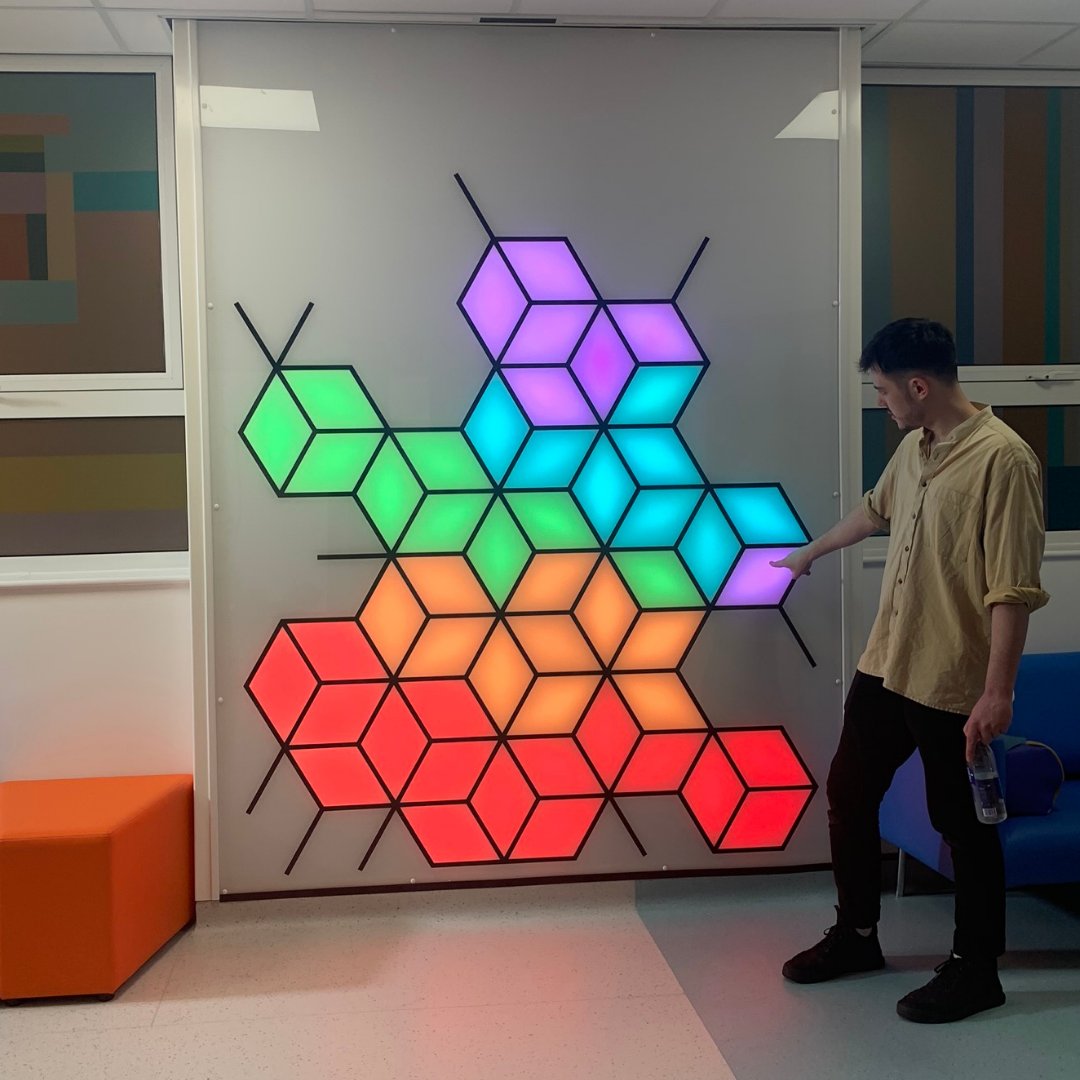 WeAreMegaverse's tweet photo. Installing Colourwall, our award-winning design for children @SheffChildrens in collaboration with @Artfelt_Sheff
#installation #interactiveaart #digitalinnovation #LEDlights #distractiontherapy #interactive #creativetechnology https://t.co/NlRnGYvXmc