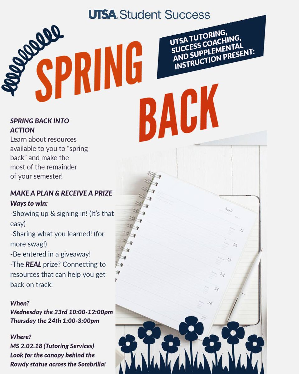utsa_si's tweet photo. The student success center is hosting an event open to all students about ways to "spring back" into action after spring break! Stop by and get some prizes! #utsa #utsasupplementalinstruction #utsastudentsuccess #studentsuccess #utsatutoring #utsasi 🤙 https://t.co/wEmtSUzzxj