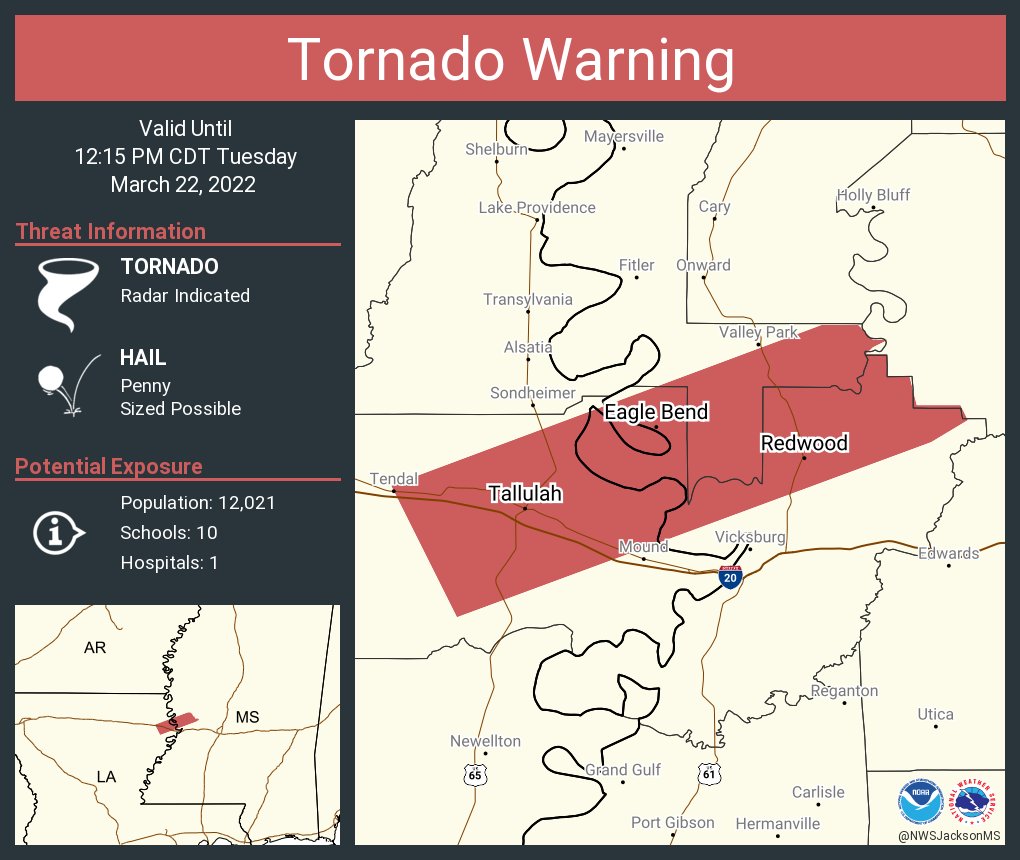 NWSJacksonMS's tweet photo. Tornado Warning including Tallulah LA, Richmond LA, Eagle Bend MS until 12:15 PM CDT https://t.co/eIVGlIwz7u