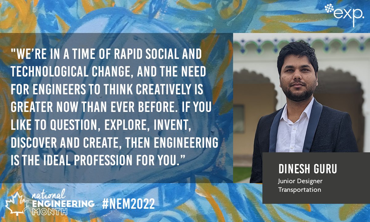 EXP_Global_Inc's tweet photo. Dinesh Guru, EIT, transportation, at EXP’s Burnaby office believes engineering is a profession with a mission, where you can contribute to society by protecting both public and environmental safety. Check out job openings in Western Canada. #EXPCareers https://t.co/LvAeq9O3nj https://t.co/2FBbZ4pU4Q
