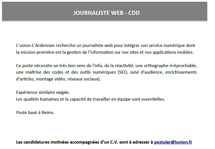 📢📢📢 La rédaction de @UnionArdennais recrute un journaliste web pour rejoindre sa cellule numérique à compter du 1er mai. 
Envoyez votre candidature à : postuler@lunion.fr
#CDD #emploi #job #PQR #journalisme #digital #SEO