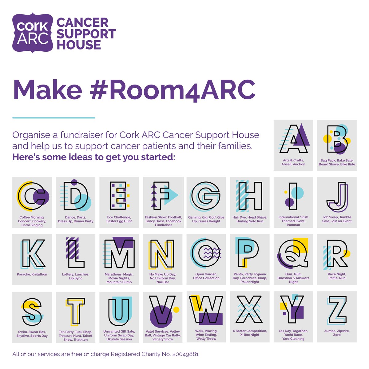 CorkARCcancer's tweet photo. By fundraising for Cork ARC Cancer Support House you are improving the lives of people with cancer and their families and making sure they can get the support they need, when they need it, free of charge.  

Here's some ideas to get you started! #Room4ARC https://t.co/NwNjQXnXji