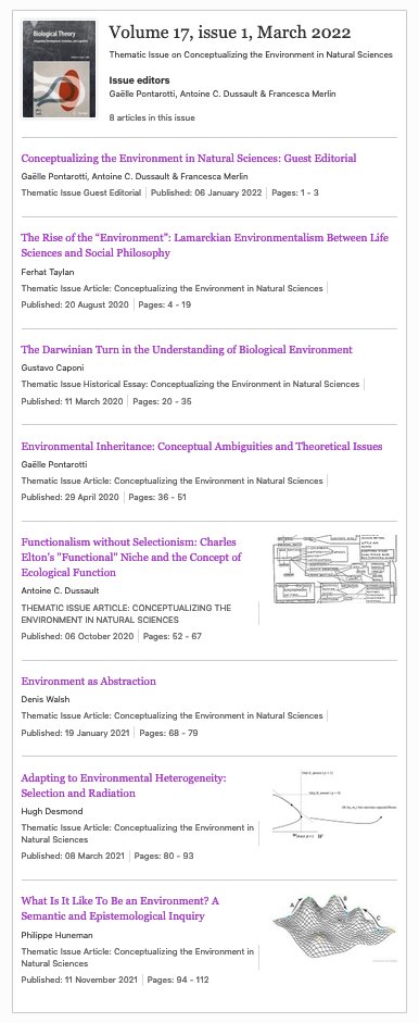 BiolTheory's tweet photo. Conceptualizing the Environment in Natural Sciences,
our new special issue, is now out!

It's edited by Gaëlle Pontarotti @GaellePonta, Antoine C. Dussault &amp; Francesca Merlin.

https://t.co/6skfriCdvL

An intro to the issue is here: https://t.co/gP3ZFkEQac https://t.co/aOlxFZuTOL