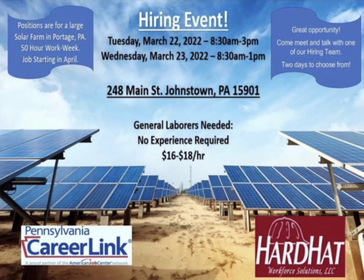 PowerPAJobs's tweet photo. @GovernorTomWolf It must just be blue collar energy jobs that you don’t care about. Just yesterday, the the @GovernorTomWolf Administration hosted a “job fair” to recruit non-union workers to build one of the largest solar projects in PA. This is the future with #RGGI. China/Russia win. PA loses. https://t.co/1pqrwz8iAW
