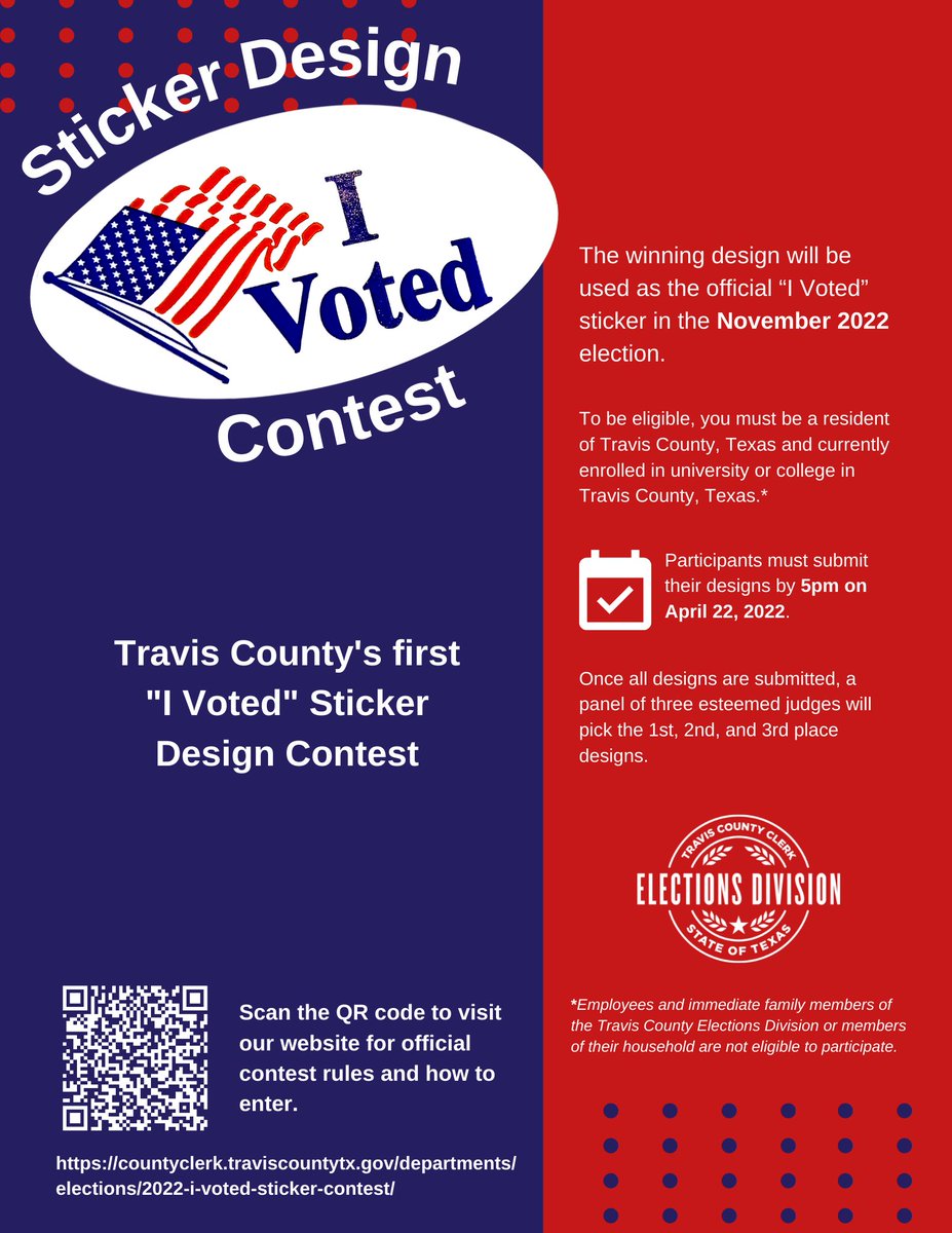 We're excited to announce Travis County's first "I Voted" sticker design contest! 

This contest is open to students attending college in Travis County &amp; the winning design will be used as the "I Voted" sticker in the November 2022 election. 

Learn more: b.link/6kexp7