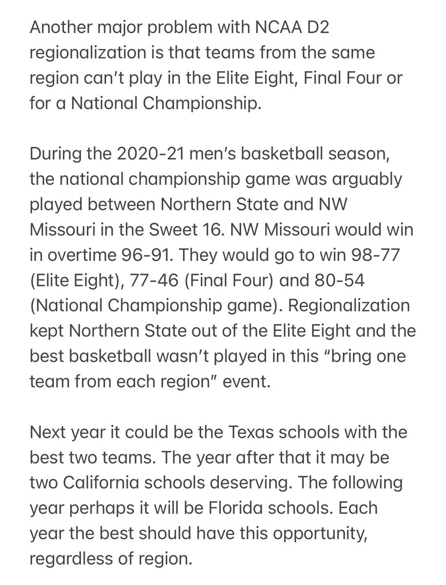 ESUMensBBall's tweet photo. NCAA Division II regionalization isn’t just a men’s and women’s basketball issue. It’s an issue that effects the best student-athletes in volleyball, football, soccer and many other sports.

If the NAIA and NJCAA can run true national tournaments, then so can NCAA Division II. https://t.co/wL4gzRipr0