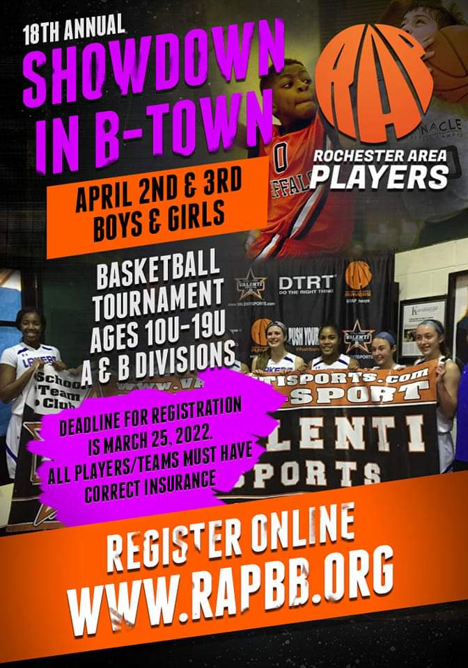RAP_Hoops's tweet photo. The 18th annual RAP Showdown In B-Town April 2/3 is on verge of being sold out. It is unlikely we will still be able to accept Registrations much longer or to the 25th as planned.  We will reach sold out at any moment including possibly today. Register at https://t.co/ICLsXH3N69 https://t.co/zrfvfrRLYZ