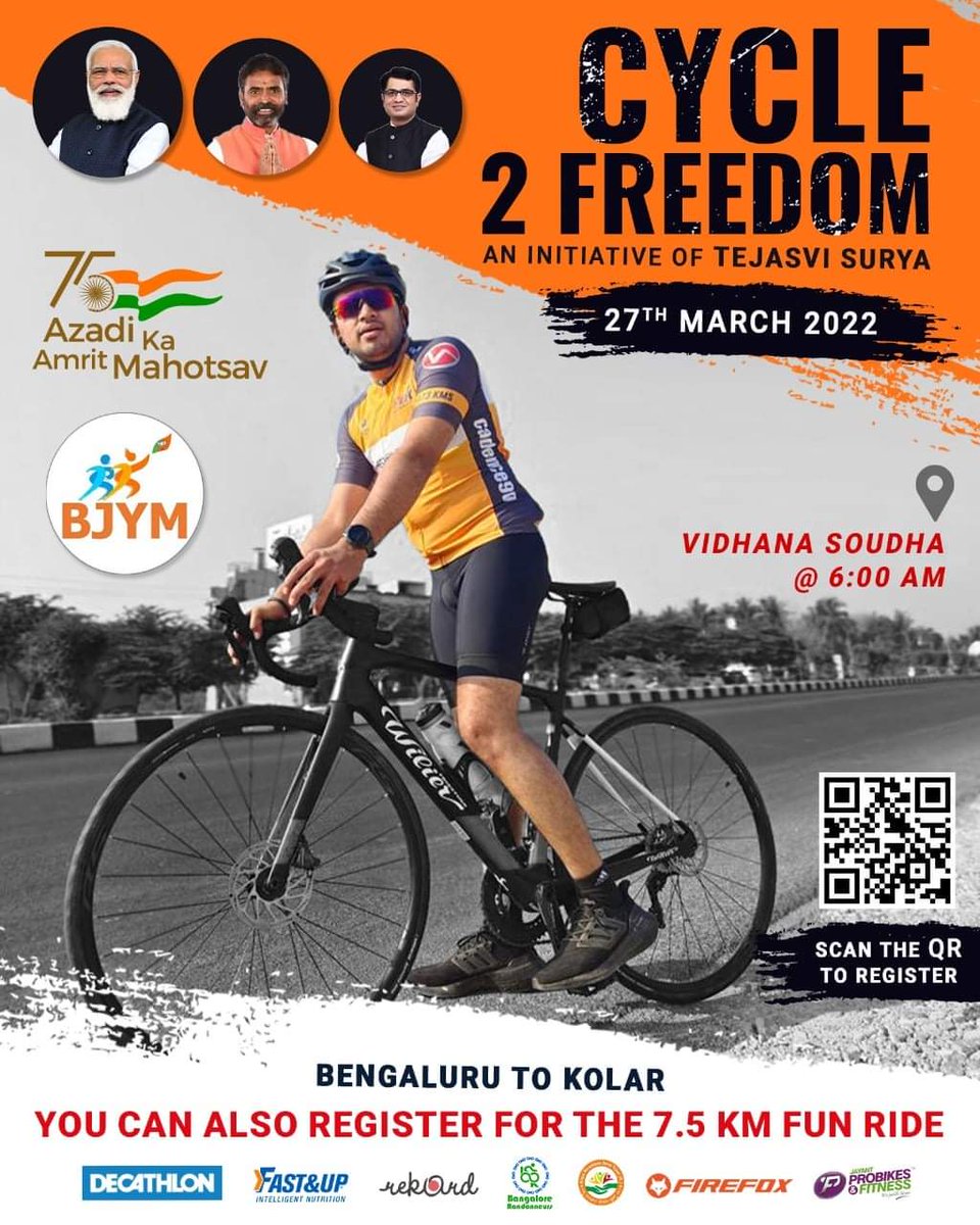 kislay_official's tweet photo. Cycle 2 Freedom!!
An Initiative by the National President @BJYM Shri @Tejasvi_Surya ji.
Opportunity for people around Bangalore to join this energetic event.
@narendramodi
@ianuragthakur
#AzadiKaAmritMahotsav
#Cycle2Freedom
Register now!
Link: https://t.co/118o02XHKs https://t.co/oACYwE6Bkz