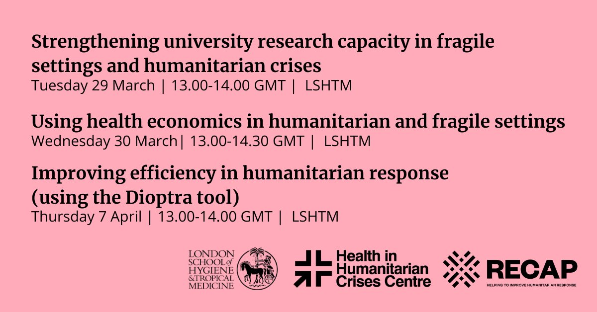 💻 Join us for latest in the @GcrfRecap & @LSHTM_Crises online seminar series. 🗣️ Speakers include @jessajcking, @neha_s_singh, @ImeldaBates_, @JosephineBorghi, & Munshi Sulaiman, @BRACworld 📅 29 March | 30 March | 7 April 🔗 bit.ly/3qsrYaD