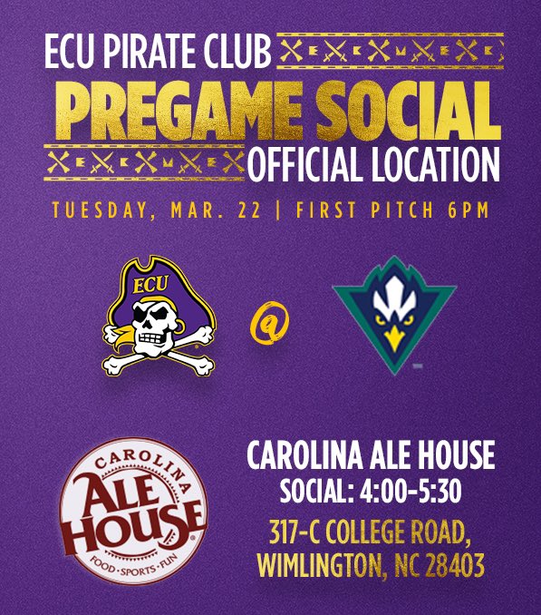 Hey Hey - <a href="/ECUBaseball/">ECU Baseball</a> is in town!!! Join us for a pregame cocktail at Carolina Alehouse starting at 4pm. First pitch at 6pm. Let’s GO Pirates!!!!