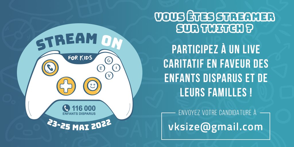 116000FRANCE's tweet photo. Vous êtes streamer sur #Twitch ? Participez au #StreamOn, un live caritatif qui se tiendra du 23 au 25 mai dans la métropole lilloise avec une trentaine de streamers et dont les dons seront reversés au @116000FRANCE !

✉️ Envoyez votre candidature à vksize@gmail.com https://t.co/r5x874HE6M