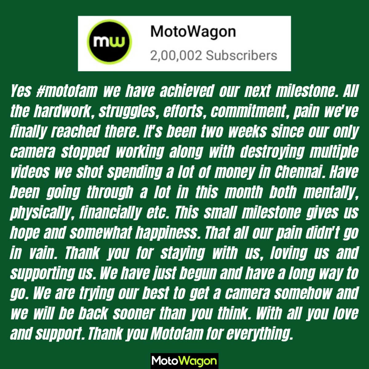 motowagon360's tweet photo. Finally 200K Subscribers on YouTube, this is just a beginning. We've a long way to go.

#motowagon #motofam
#tamilautomotivemedia https://t.co/CnEK5zyOqN