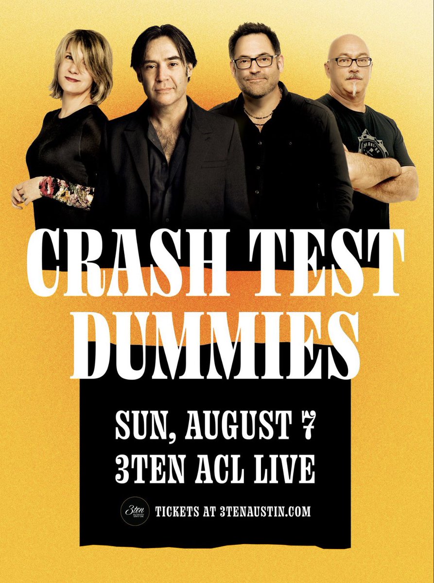 ctdsband's tweet photo. JUST ANNOUNCED!
AUSTIN TEXAS - August 7, 2022
At 3Ten Austin City Limits Live!

Tickets on sale FRIDAY March 25 at 10am

We can’t wait to get back, Austin! 

#crashtestdummies #ctdsband #godshuffledhisfeet #30yearsofmusic #ilovethe90s #austintx #3ten 

@3tenaustin https://t.co/aiKrgiTcHQ