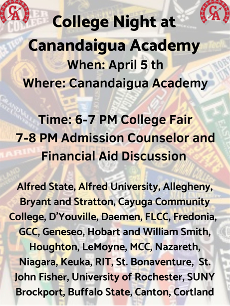 College Night @ Canandaigua Academy, April 5th from 6-8pm! Mynderse Academy Juniors &amp; Parents/Guardians are welcome to attend.