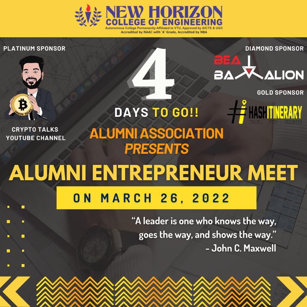 NHCEOfficial's tweet photo. Alumni Association Presents Alumni Entrepreneur Meet - countdown day 4
#AlumniConnect #AlmaConnect #EntrepreneursConnect #StudentAffairs #GetInvolved #NewHorizonCollegeofEngineering #Entrepreneur https://t.co/tN25JWhV8O
