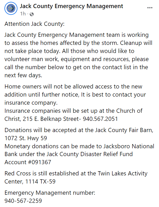 NicOseiNews's tweet photo. Here's some information if you want to help #Jacksboro residents in the aftermath of Monday's severe storms. #TxTornadoes https://t.co/A3E7r9zwfT