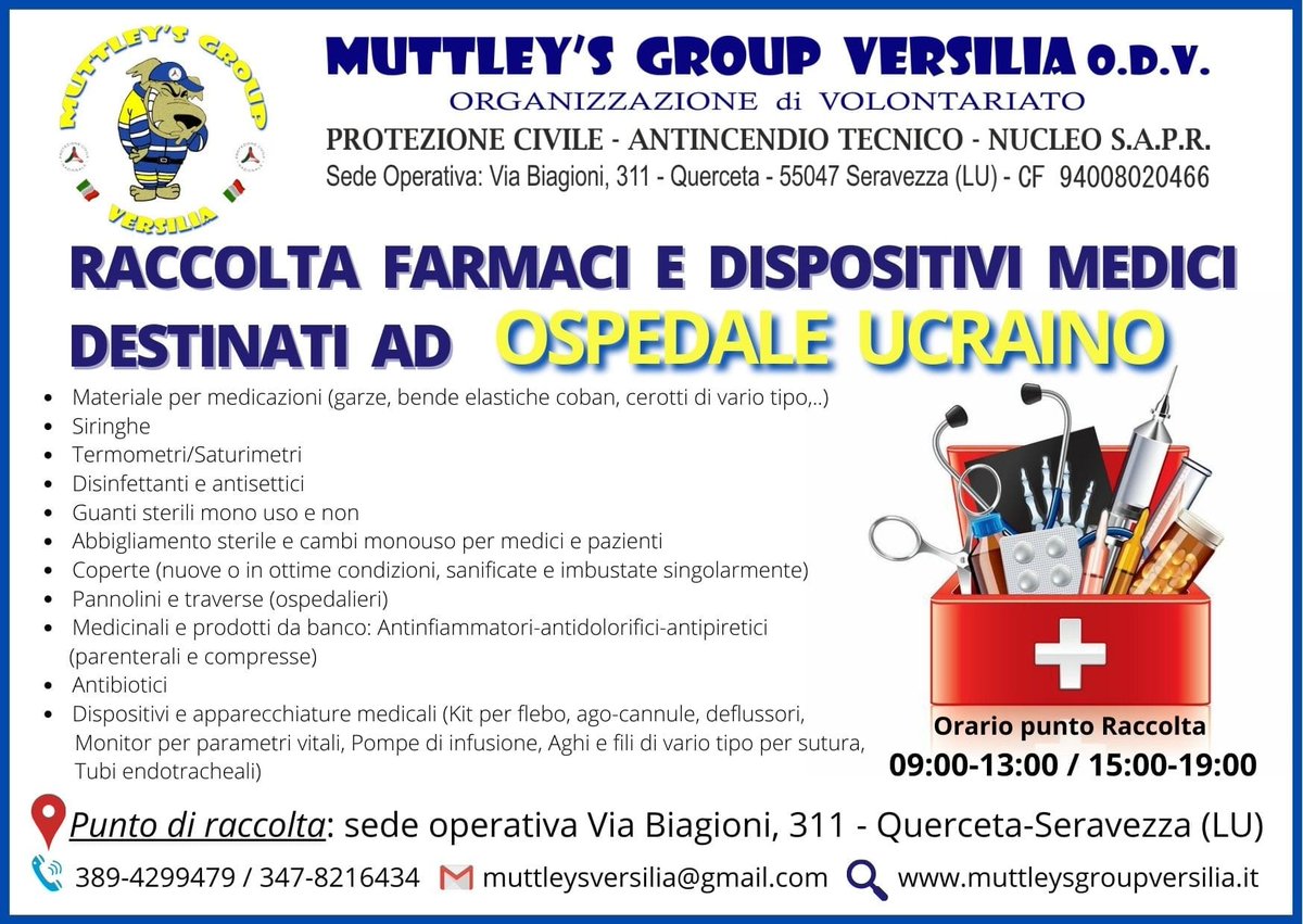 muttleysvers's tweet photo. ℹ️. Consegneremo all'"Ospedale cliniciz Emergenze-Urgenze" nei tempi stabiliti
👉da oggi #raccoltafarmaci #dispositivimedici
#Ucraina #aiutiumanitari #ospedalecivile #Ukraina #HumanitarianAid #UkraineCrisis #aiutaciadaiutare #versilia #volontariperpassione #unagoccianelmare https://t.co/ns2KNtTncC