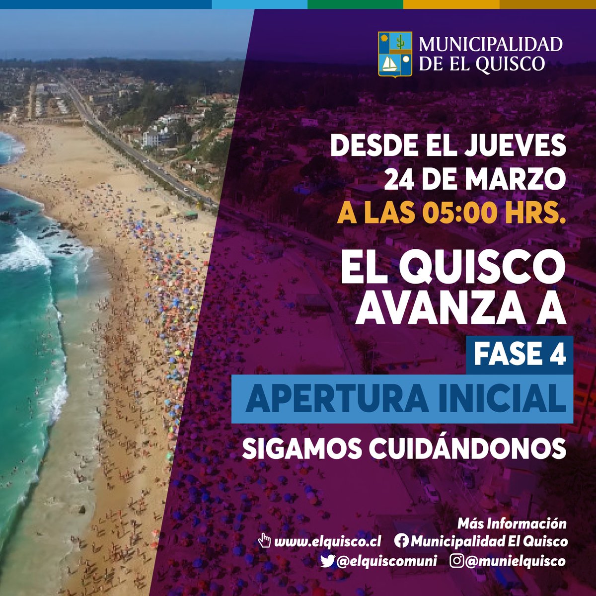 ElQuiscoMuni's tweet photo. Desde este jueves 24 de marzo, a las 5:00 horas, El Quisco avanza a Paso 4, Apertura Inicial, del Plan Paso a Paso.
Entérate de las restricciones de esta fase en la que se encontrará la comuna en
https://t.co/4sGVMMVNCS
#pasoapaso #covid19 #paso4 #aperturainicial https://t.co/WbyKwmO4zy