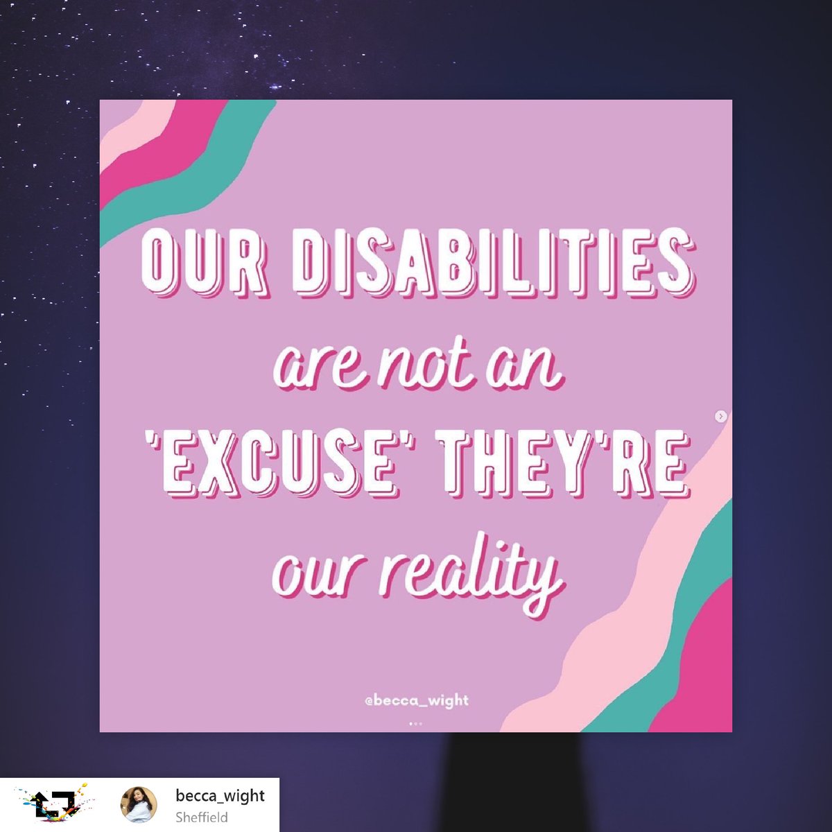RareAdvocacy's tweet photo. "Our disabilities are not an 'excuse' they're our reality."

#LivingRare
#RareAdvocacy #RareActivism
#rare360
#LetsMakeASplash
#AdultsLivingRare
#OurLivesMatter
#Disability
#WeareRARE
#selflove 

Source: #TuesdayTip for March's #rareSPLASH repost week: https://t.co/V21ofDyA9u https://t.co/0CFmQ7yPfw
