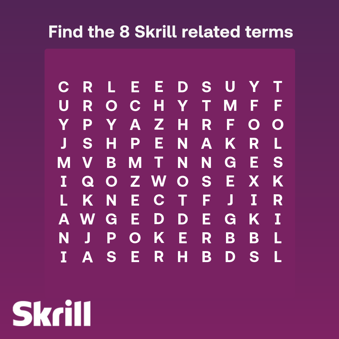 skrill's tweet photo. 💷 WIN £100 💷
Can you find the EIGHT Skrill terms hidden in our word search?
Post the words in the comments, and you could be in with a chance to win!

T&amp;Cs apply. Competition ends midnight (GMT) 24/03/22. Winner must be aged 18+ and have a Skrill account to claim their prize. https://t.co/8nAEyWe0mN