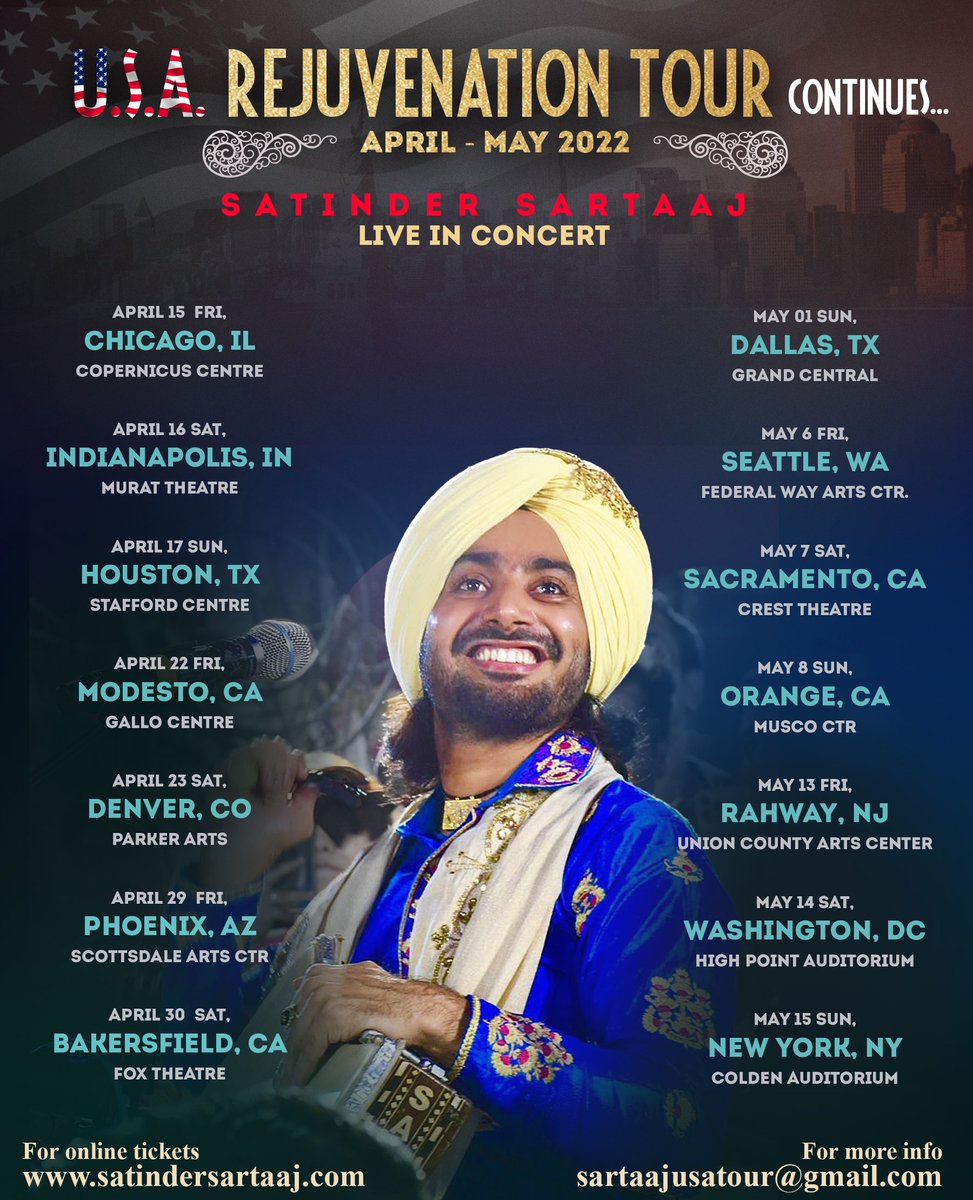 SufiSartaaj's tweet photo. 🇺🇸#USA
APRIL
15 Fri #Chicago
16 Sat #Indianapolis
17 Sun #Houston
22 Fri #Modesto
23 Sat #Denver
29 Fri #Phoenix
30 Sat #Bakersfeild
MAY
1 Sun #Dallas
6 Fri #Seattle
7 Sat #Sacramento
8 Sun #LosAngeles
13 Fri #NewJersey
14 Sat #Washington
15 Sun #NewYork
🎟https://t.co/ARrvCO4fYT https://t.co/7WfJTkWX8l