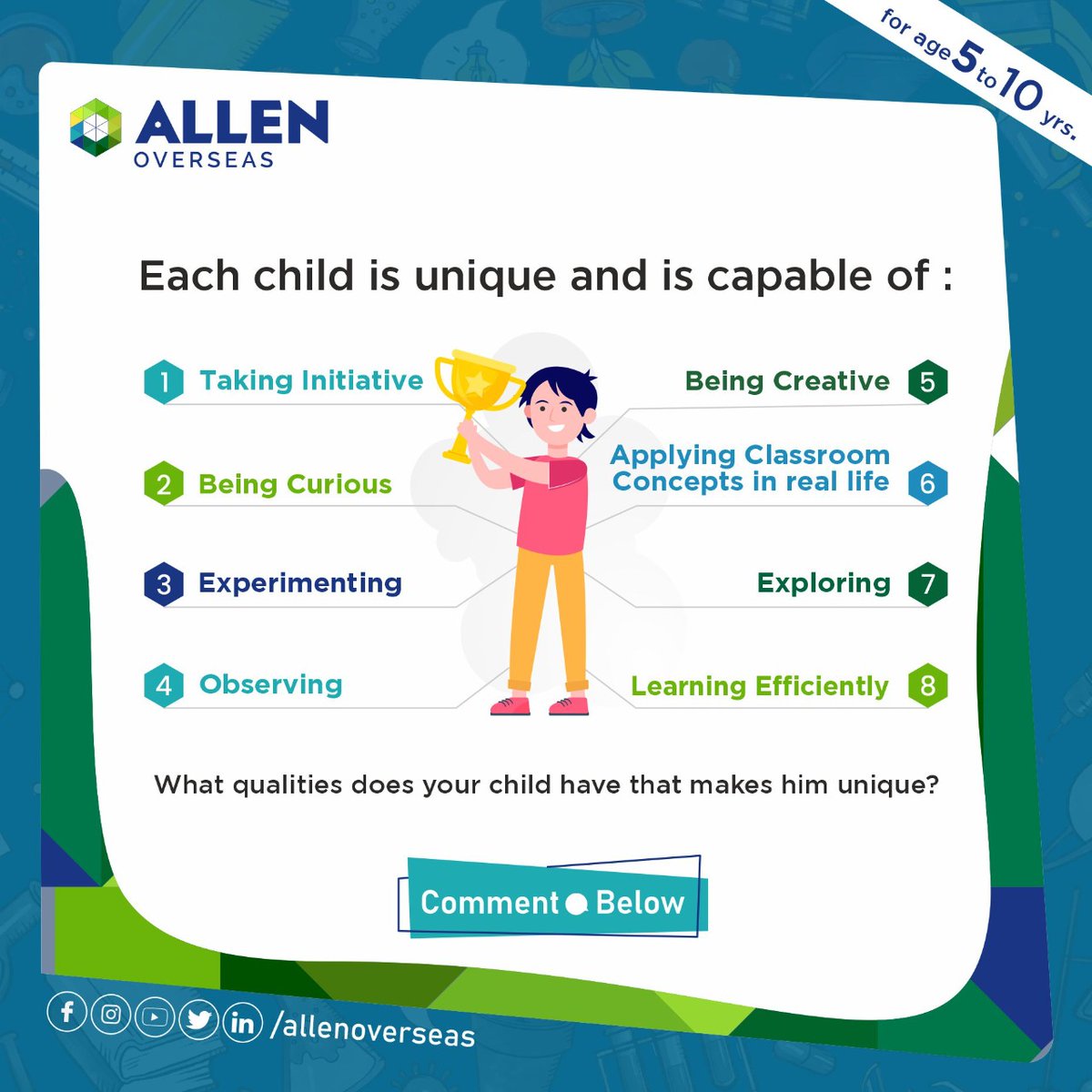 ALLENOverseas's tweet photo. Every child is unique and so is their learning method.✍️
It's time to find out the special qualities of your child. 🧐

✓ Comment your answers below &amp; stay tuned!✌️
•
•
•

#ALLENOverseas #ALLEN #Learning #Education #Staytuned #EducatingYoungMinds #EarlyLearning https://t.co/8kd3SaYTOt
