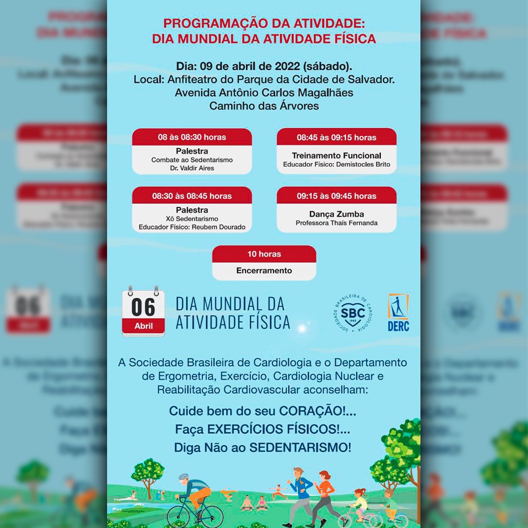 DercSbc's tweet image. Dia mundial da atividade física

No dia 09 de abril (sábado) serão realizadas palestras e atividades no Anfiteatro do parque da Cidade de Salvador, Av. Antônio Carlos Magalhães.

Participe do evento e descubra formas de deixar o sedentarismo! 

#derc #sbcderc #sbc