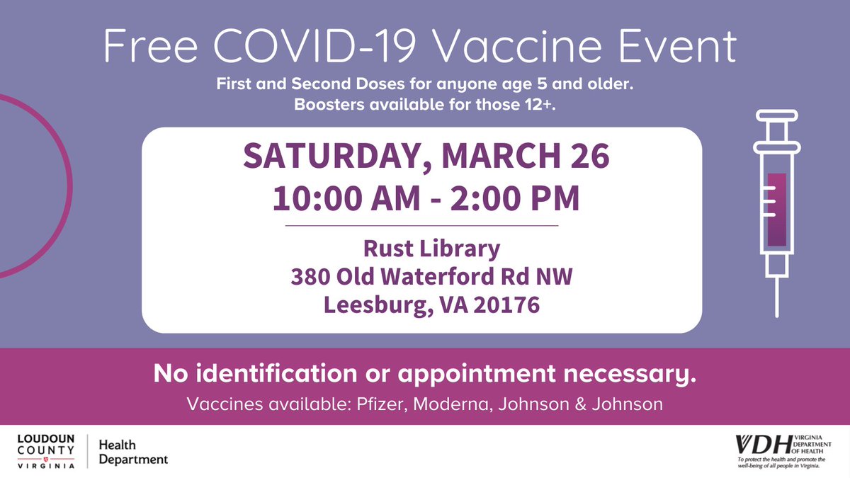 LoudounCoHealth's tweet image. Join us at #RustLibrary this Saturday from 10am to 2pm! We'll be giving out info about the health department, answering your questions AND offering COVID-19 vaccines for everyone ages 5 and up. See you there! @LoudounLibrary