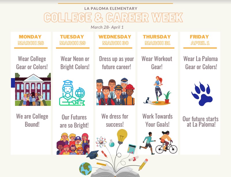 LaPalomaElem's tweet photo. Career Week is coming to La Paloma (March 28-April 1)! Join us for our Career Week Dress Up Days!.¡La Semana de la Carrera viene a La Paloma (28 de marzo al 1 de abril)! ¡Únase a nosotros en nuestros Días de Vestir de la Semana de la Carrera!
@FUESDSchools #fuesd #lapalomawolves https://t.co/ag0iCd7DvO