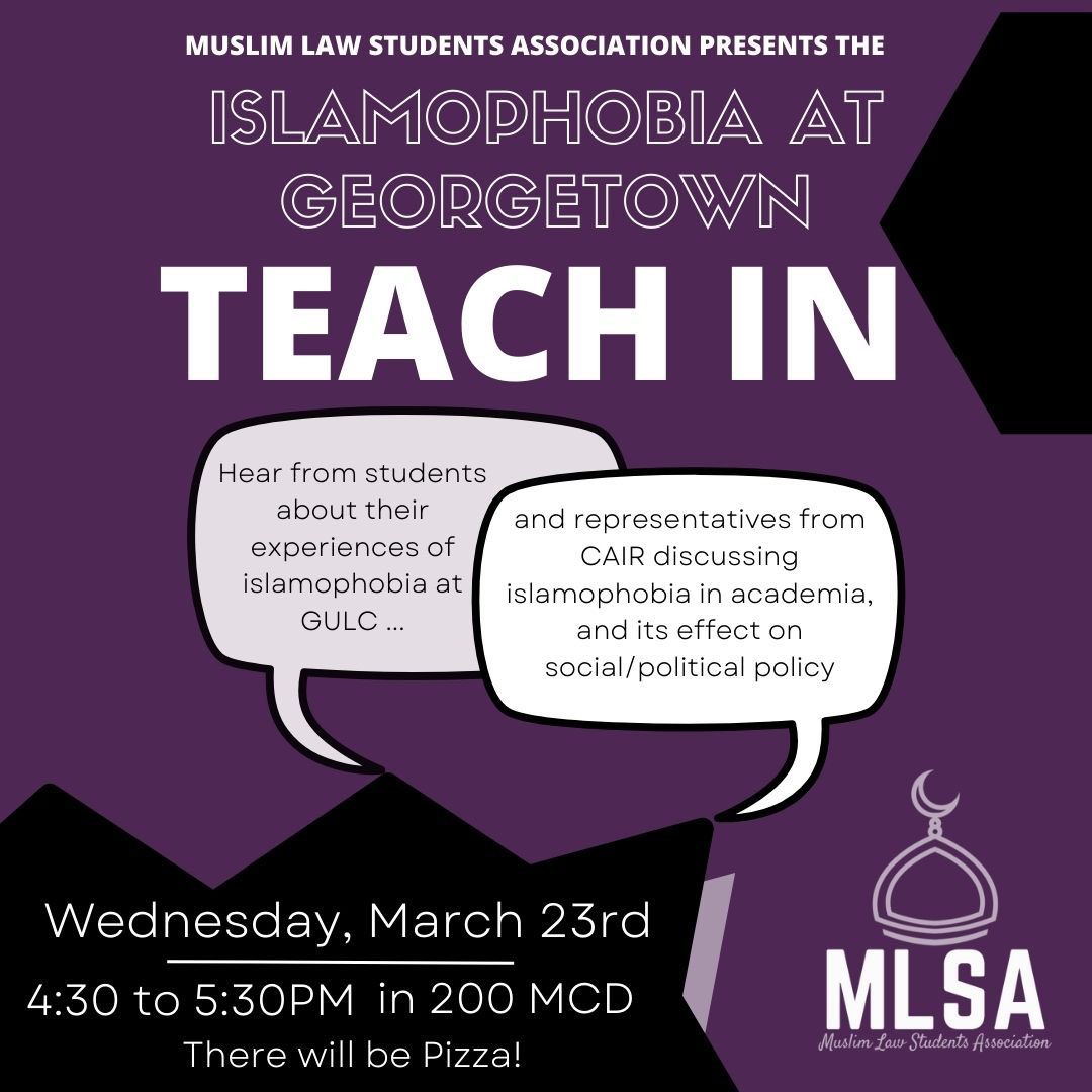 Georgetownmlsa's tweet image. Join us tomorrow at 4:30 in MCD 200 to stay updated on MLSA’s complaint regarding Professor Ross Islamophobic behavior. We will also be discussing Islamophobia in academia at large and it’s effect on social/political policy with representatives from @CAIRNational 

See you there!