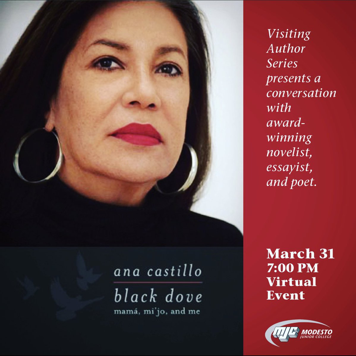 MJC’s Lit &amp; Lang proudly presents Ana Castillo, author of Black Dove: Mamá, Mi’jo, and Me, as our next Visiting Author for 2022! Please join us on Thursday, March 31st at 7pm on our YouTube live stream to hear Ana read from her work: youtube.com/channel/UCg3hf…