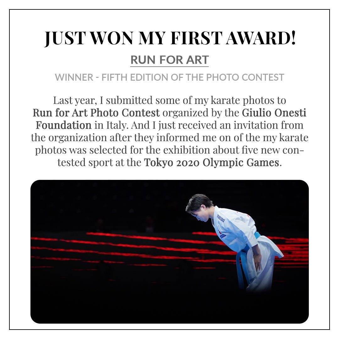 gokhantnr's tweet photo. Geçen yıl, İtalya'da Giulio Onesti Vakfı tarafından düzenlenen ve Tokyo 2020 Olimpiyat Oyunları'nda yer alan beş yeni branş ile ilgili sergi için düzenlenen #RunforArt yarışmasına gönderdiğim karate fotoğraflarımdan birinin finalistler arasından seçildiğini öğrendim. https://t.co/qoP6pRGhKS