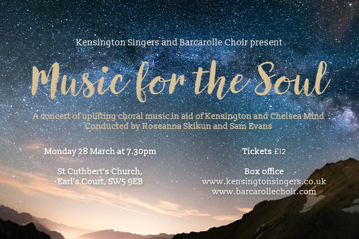 We're joining forces with <a href="/BarcarolleChoir/">Barcarolle Choir</a> to perform American gospel &amp; soul tunes, folk &amp; pop, contemporary choral classics and Colombian protest music in aid of the charity <a href="/KandCMind/">KC Mind</a> 

Mon 28th March at St Cuthbert’s, Earl's Court

hannahbrine.co.uk/product/kensin…