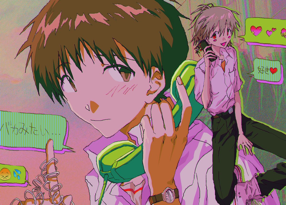 ikari shinji ,nagisa kaworu 2boys watch male focus multiple boys brown hair wristwatch phone  illustration images