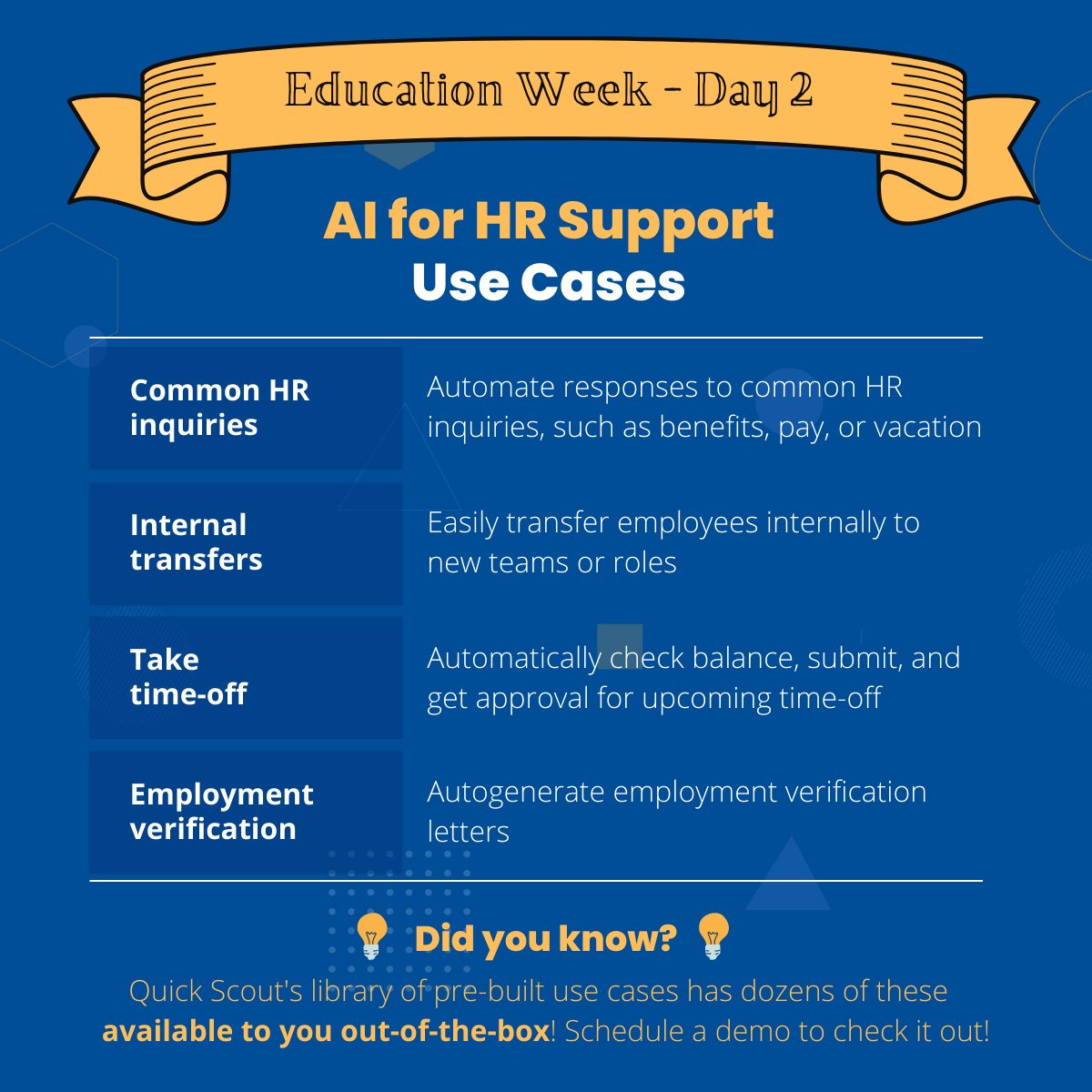 Calling all HR Professionals!
Today is Day 2 of Education Week where we're covering how business leaders are leveraging AI &amp; automation within HR support to improve the employee experience. We've highlighted 4 popular use cases...have you tackled any of these?

#educationweek #AI