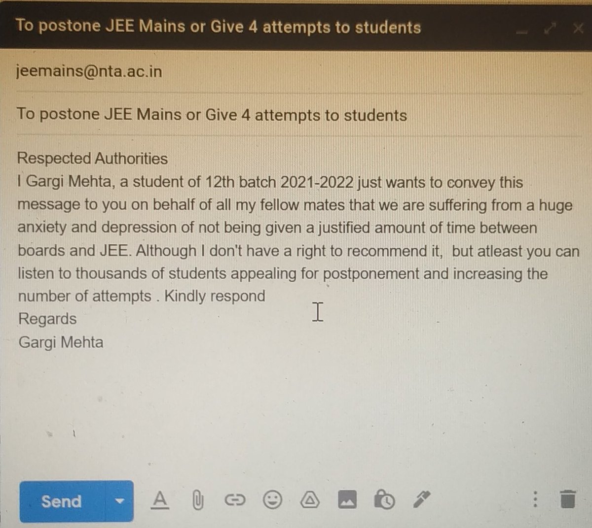 GargiMehta108's tweet photo. #JEEMains2022 #PostponeJEEMains2022  Guys if you wanaa make it you have to to do this send the mail and put the photos tagging them I really want you guys to this too https://t.co/LSSnPkpnJi